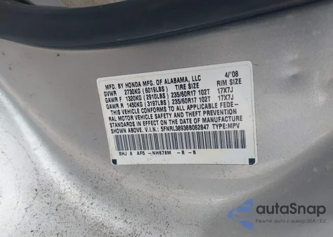 2008 Honda Odyssey Touring z USA, uszkodzony, nr VIN 5FNRL38938B062847